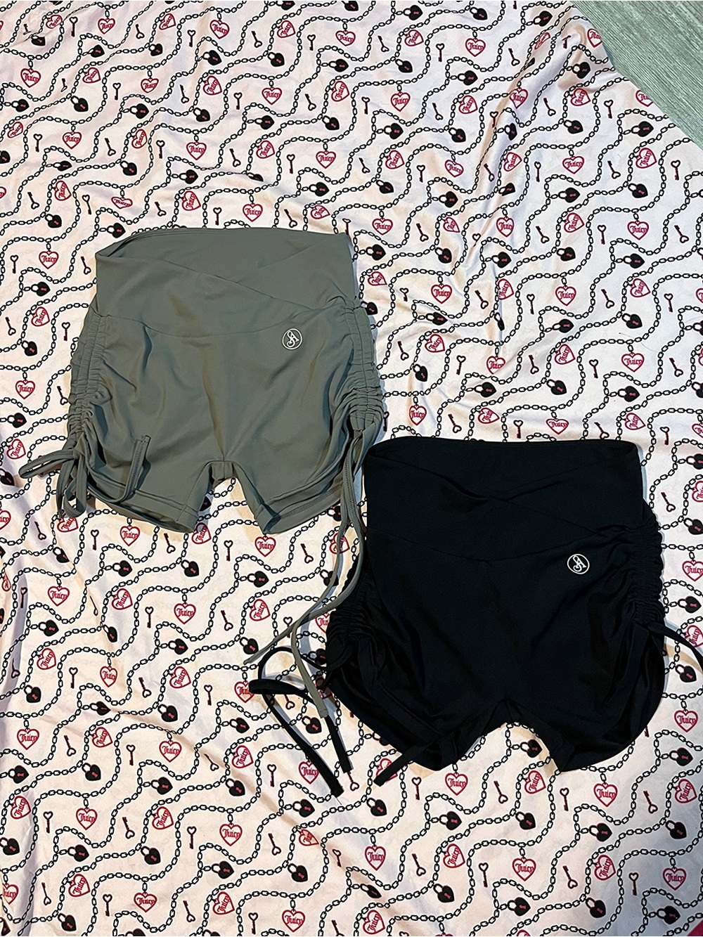 High-Waist Ruched Athletic Shorts — Gray and Black